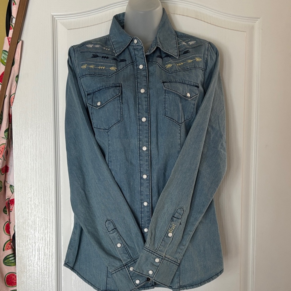 Cruel Girl Embroidered Denim Button-Up Shirt